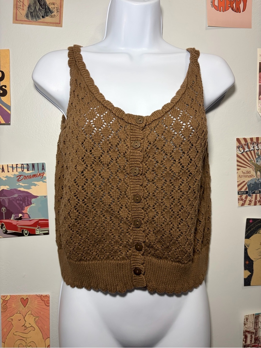 LOFT Brown Knit Eyelet Button-Front Camisole